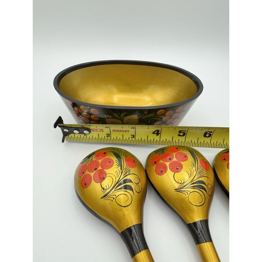 Vintage Russian Wooden‎ Khokhloma Spoons and bowl,  Hand-Painted, Lacquer Set